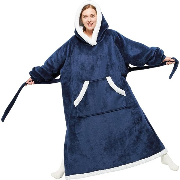 Oversized bærbart pledd-hettegenser, lang Sherpa fleece pledd-genser