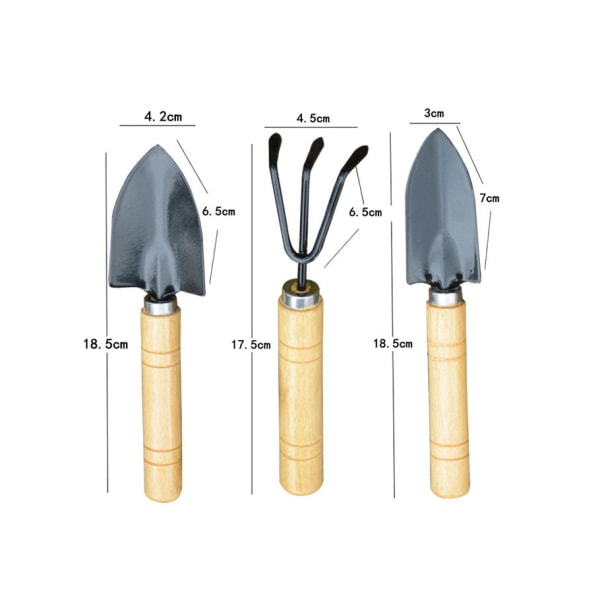 Svart 3-delt sett med mini hageredskaper Skovl Rake Spade Sukkulenter