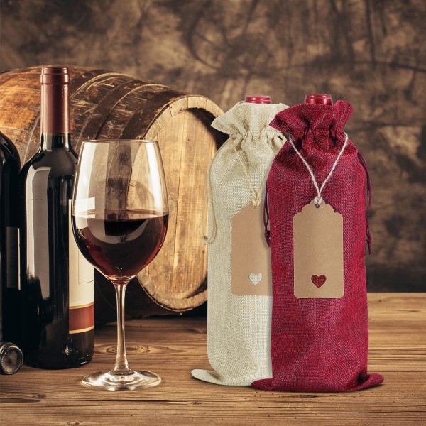 (12 st -Rå hampa färg och röd)Vinpåsar med dragsko, vin