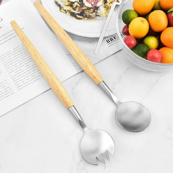 2 stk. Salatserveringer i Rustfrit Stål, Træ Salatserveringer  DXGHC
