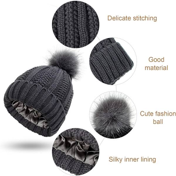 Vinterlue for kvinner med strikket beanie og fast pompom, varm sateng