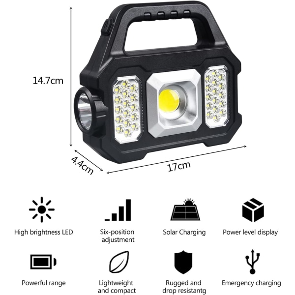 Solcelled Oppladbart Byggeplasslys, LED Byggeplass Spotlight