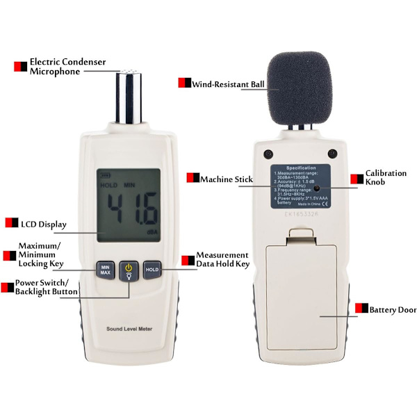 Digital Lydniveau Måler Decibel Tester 30-130dB(A) Range, Lyd