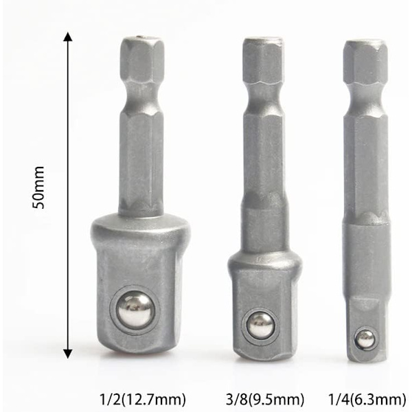 3-pack Universal Hex-hylsadapter 1/2\", 1/4\", 3/8\", Justerbar