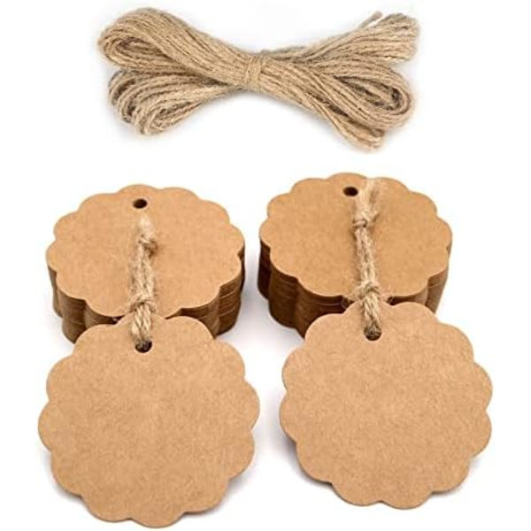 Runde Kraftpapirlapper 5,2x5,2cm, 100 stk Gavelapper med Jute DXGHC
