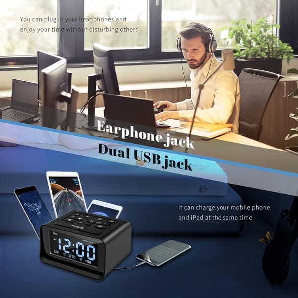Kelloherätyskello kahdella herätyskellolla, digitaalinen herätyskello 2 USB-latausliittimellä