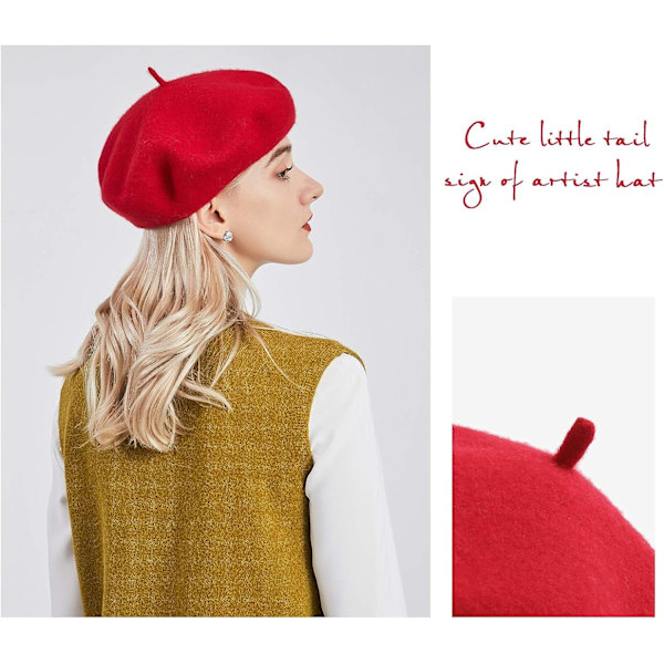 Dame Ullfransk Beret Beanie Vinterhatt Floppy Cap - Rød