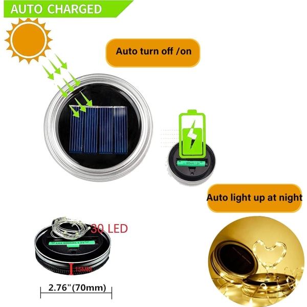 Glasburks Solarlys 12 Pak 30 LED Udendørs Solcelledrevne Ildflugtlys, Solcelledrevne Feestrengslys, Vandafvisende Mason Solarlys