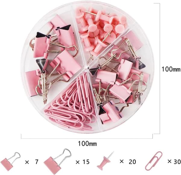 Rosa sortert permer, papir-klips, push-pinner sett, slitesterk