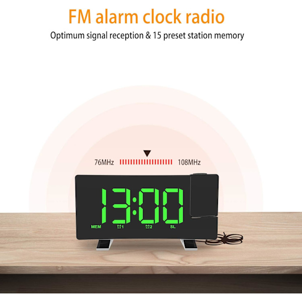 Projektionsväckarklocka med radio, 180° takprojektion