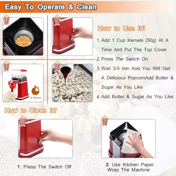 Popcornmaskin for mais, elektrisk husholdningsautomatisk mini luftpopcorn