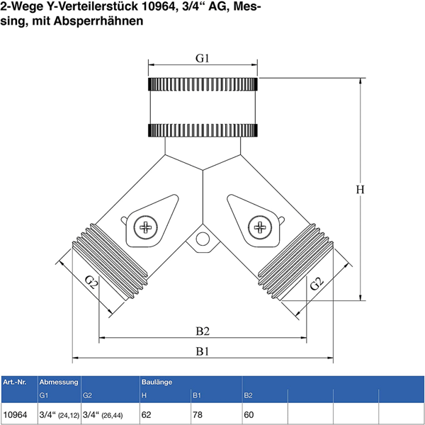 2-vejs Y-fordeler, 3/4\" han, messing, med aflukningsventiler