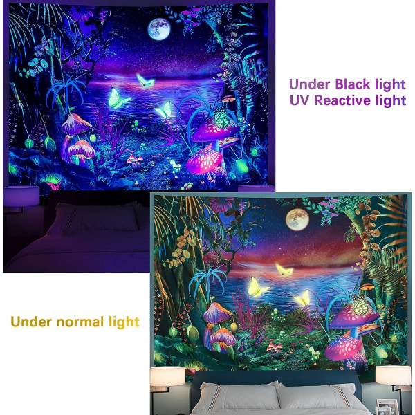 Dream Forest Tapestry Mushroom Tapestry UV Reflekterende Butterfl
