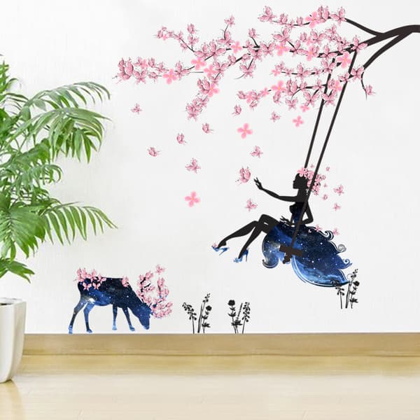 Flickor på en gunga & älg silhuett väggdekaler med rosa smör