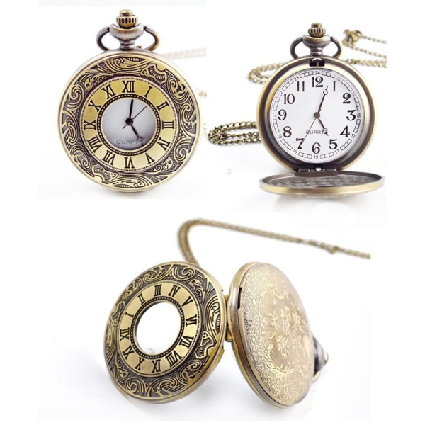 Vintage romerska siffror skala kvarts watch med kedja, brons