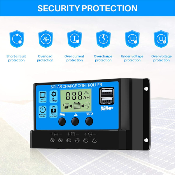 Sol- og vindregulator, 20A 12V/24V Intelligent Batteri Solcellepanel