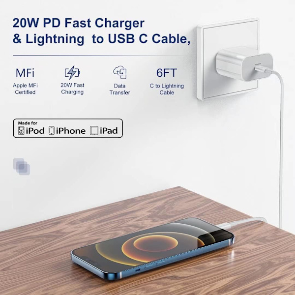 Hurtig oplader til iPhone 27W vægoplader med USB C til Lightning kabel 1,8 meter, Type C opladningsblok strøm