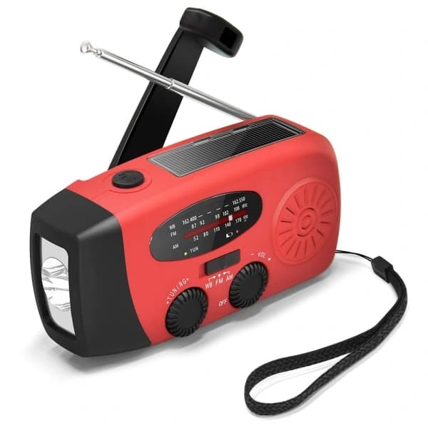 Dynamoradio med solceller Lommelykt og 2000mAh Powerbank rød SOS