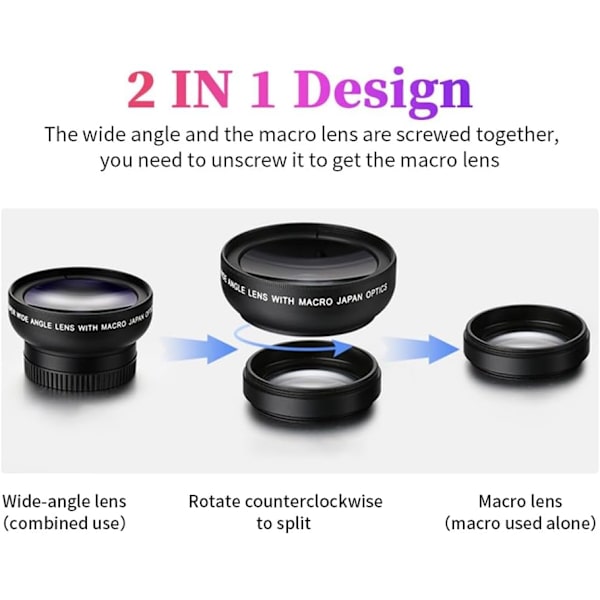 Professionel 2 i 1 Linse Universal Clip 37mm Mobiltelefon Linse 0.45x 49uv Super Vidvinkel + Makro HD Linse til Alle Smartphones