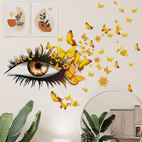 Creative Beautiful Girl Eyes Wall Sticker, Flying Butterfly Wall Decals, Girl Long Eyelashes Heart Décor, DIY Art Vinyl