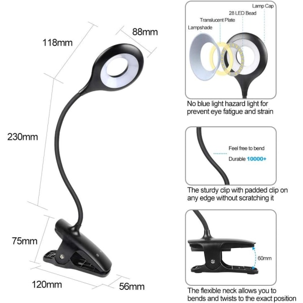 28 LED:n lukulamppu, 9 erilaista asetusta, silmiä suojaava kirjanpidike