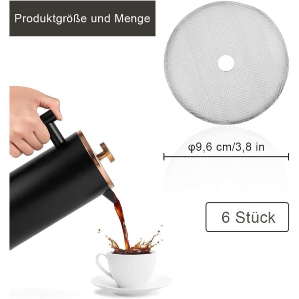 (1000 ml, 6 filtre) Cafe Filter, Fransk Kaffe Maskine Rustfri S