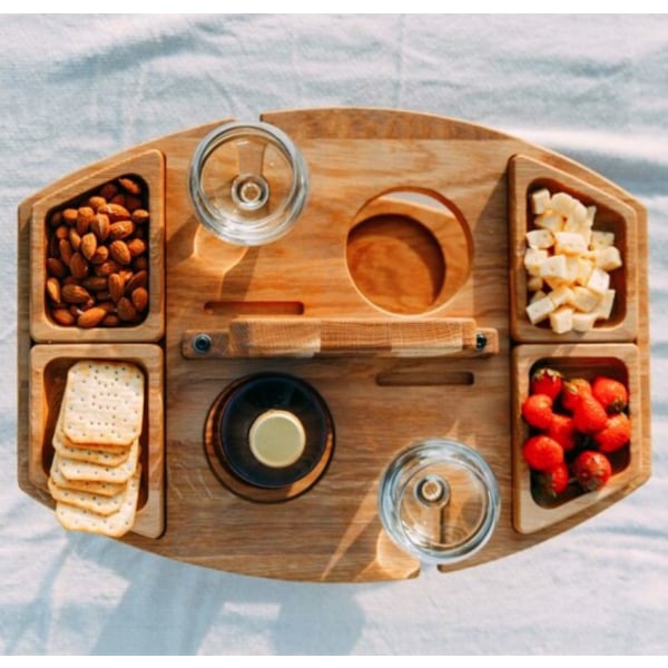 Picknickbord med vinglashållare, bärbar hängande vinglas- och fruktbricka