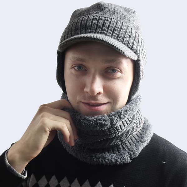 Strikhue med andedæks, mænds plys hue, efterårs- og vinterhue sæt, halsbeskyttelse