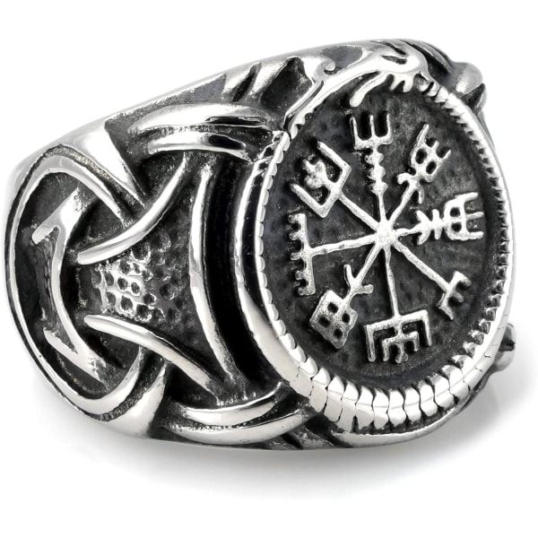 Vikingring i rustfrit stål med Vegvisir og keltisk knude