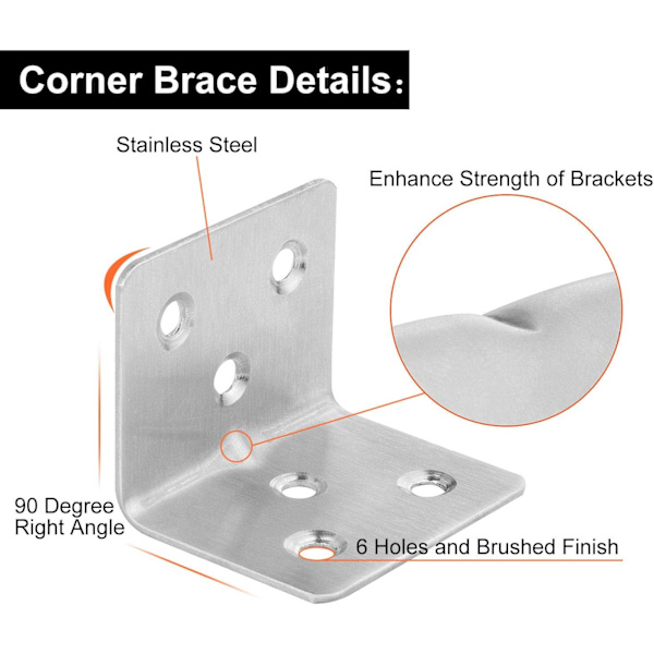 Sæt med 64 Forstærkede Rustfrit Stål Montering Brackets, 38x30x30mm