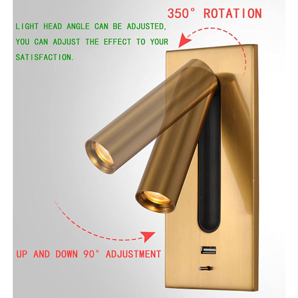 Leselys LED Hodegavllampe Skjult Bryter Sengelampe, USB