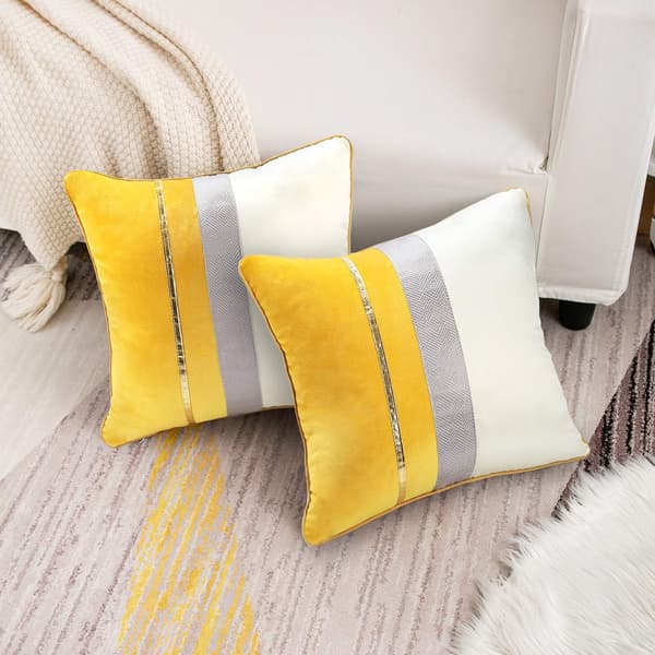 Kuddfodral Gult Vit Sammet 45x45cm Dekorativ Kuddfodral
