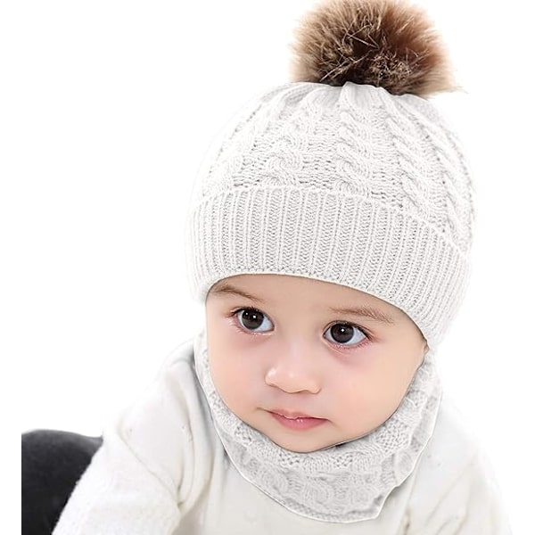 2-pack Bebis Stickad Mössa Halsduk Vinter Varm Beanie Med Pompom