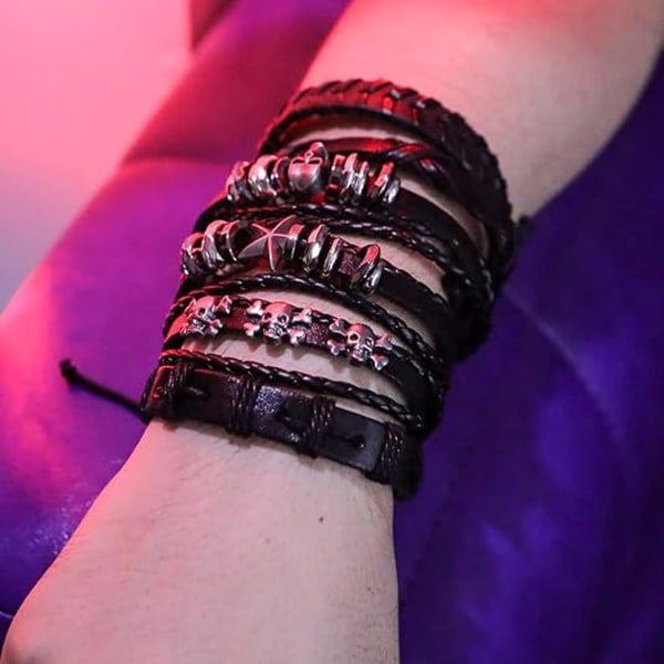 6 st läderarmband flätade breda armband kvinnor män punk rock smycken skalle