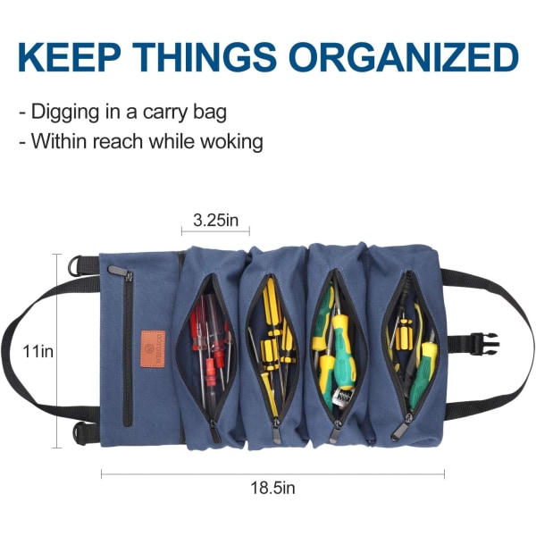 Roll-Up Tool Bag - Canvas Multifunction Pouch - Blue