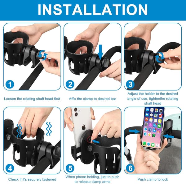 Universal Kopholder med Telefonholder/Montering, 2-i-1 Barnevogn