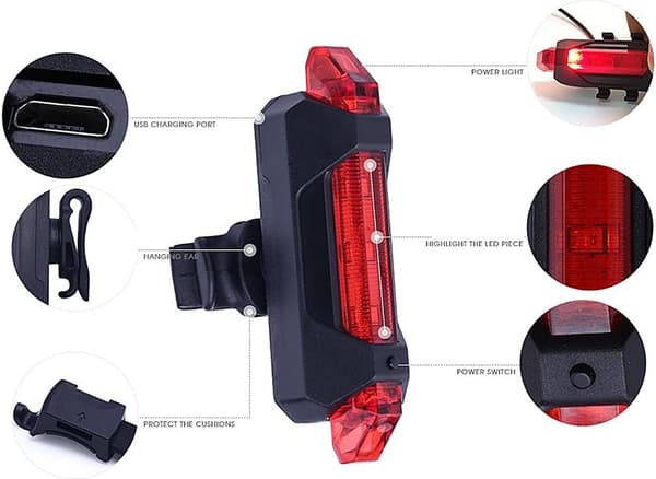 （Hvitt lys）Sykkel baklys 120 lumen USB ladbart vann