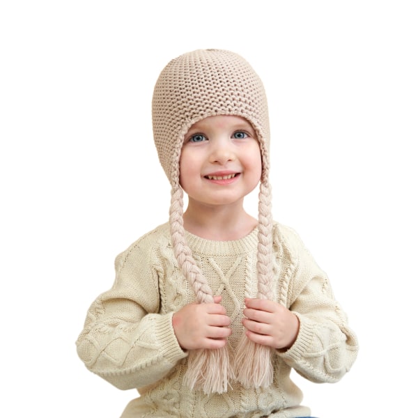 Baby Knitted Fur Ball Cap Adjustable Braids Ear Guards Plus Flee