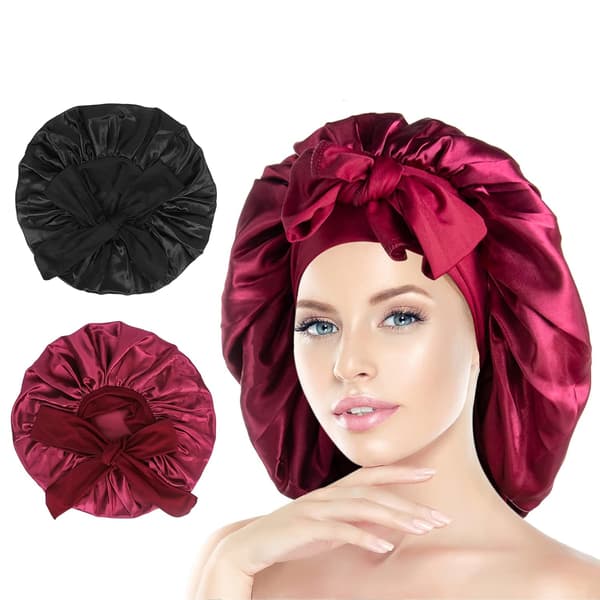 Pakke med 2 Sorte+Røde Satin Søvn Bonnet, Stor Satin Søvn Bonnet
