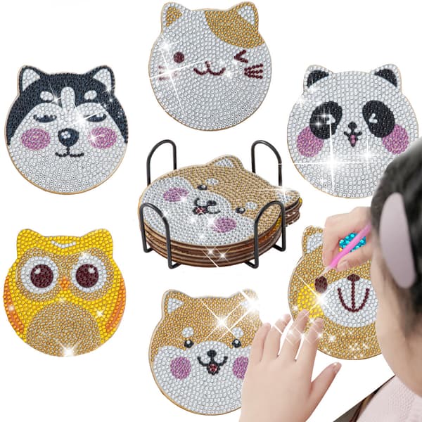 6 stk. Søde dyr Diamantmaleri Underkopper Kits DIY Kæledyr Pote Diam