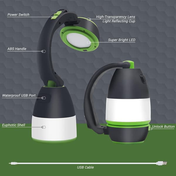 Quad 3-i-1 LED Campinglys & Håndholdt Lommelygte & 5-Modes Skrivebordslampe