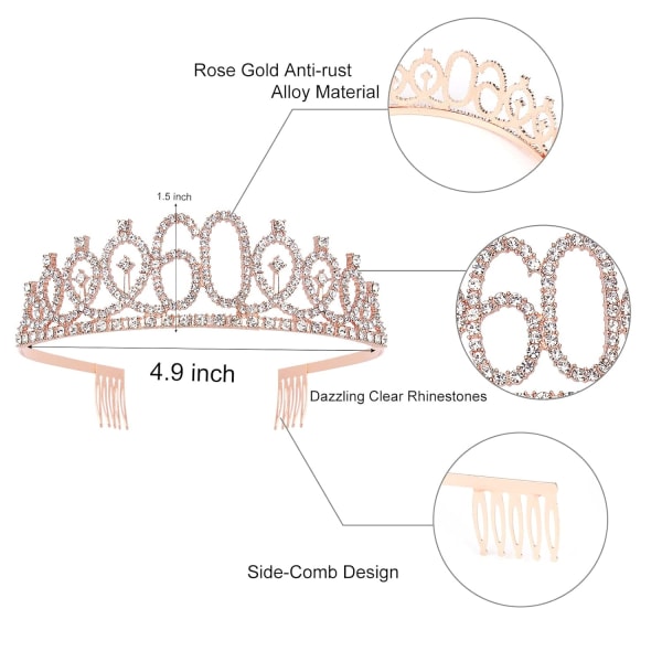 60 års fødselsdagsgaver til kvinder, 60 fødselsdagskrone + 60 & Fabulous bånd, 60 års fødselsdagspynt kvinder, 60 års fødselsdagskage