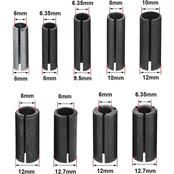 9PCS Set Router Bits Collet Adapters Collet Chuck Converter Adapt