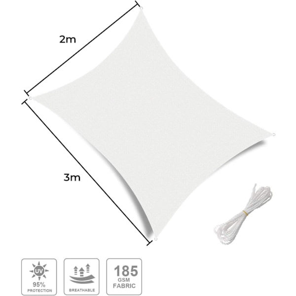 Skyggeseil (HDPE, 180g/㎡), Rektangulær 2x3m, Hage Patio Skygge