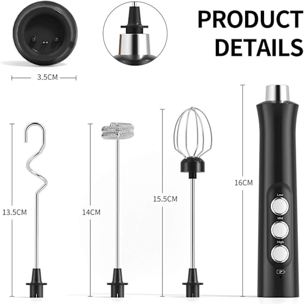 Håndholdt Elektrisk Melkeskummer, 3 i 1 USB Oppladbar Visp, 3