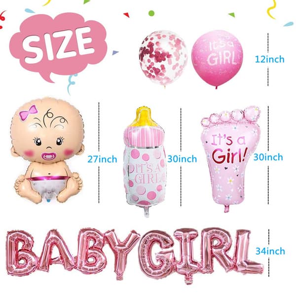 Baby Shower -setti: Tyttöbanneri ja Tyttö-ilmapalloja