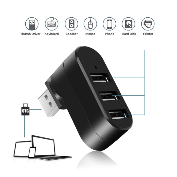 USB Hub, 90°/180° Drejelig USB Adapter, 4-Port USB Data Hub, DXGHC