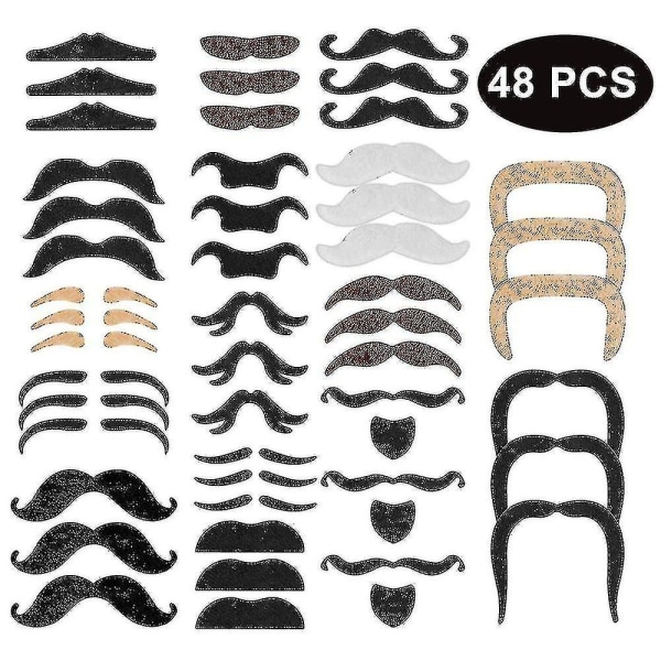 48 delar falska mustascher, självhäftande nyhet mustasch Fies DXGHC