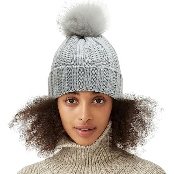 Vinter Beanie Hat til Kvinder med Satinfor og Kunstig Pels Pom Pom