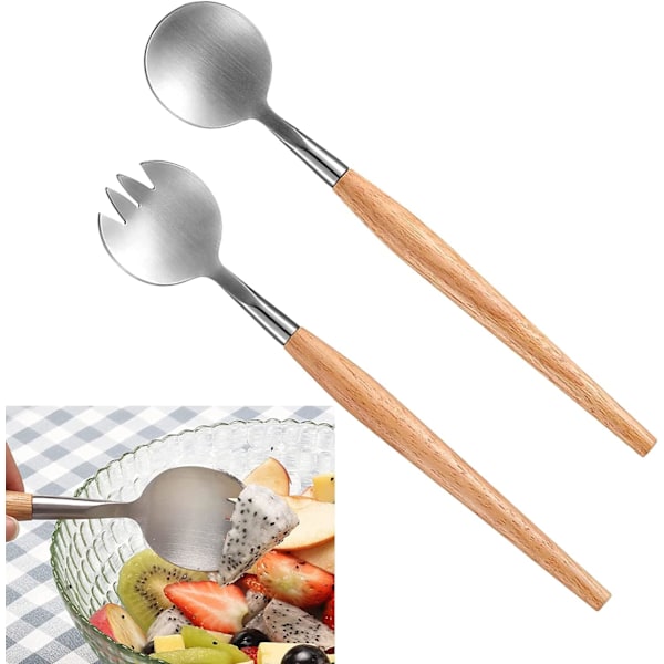 2 stk. Salatserveringer i Rustfrit Stål, Træ Salatserveringer  DXGHC